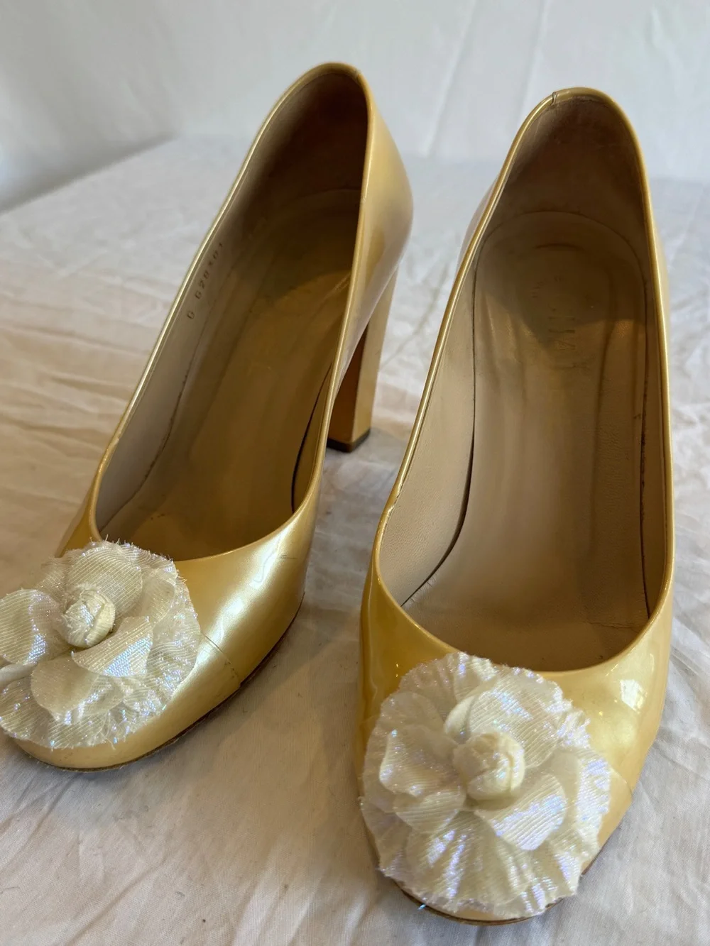 CHANEL Yellow Patent Camellia Iridescent Flower & CC Ballet Heels